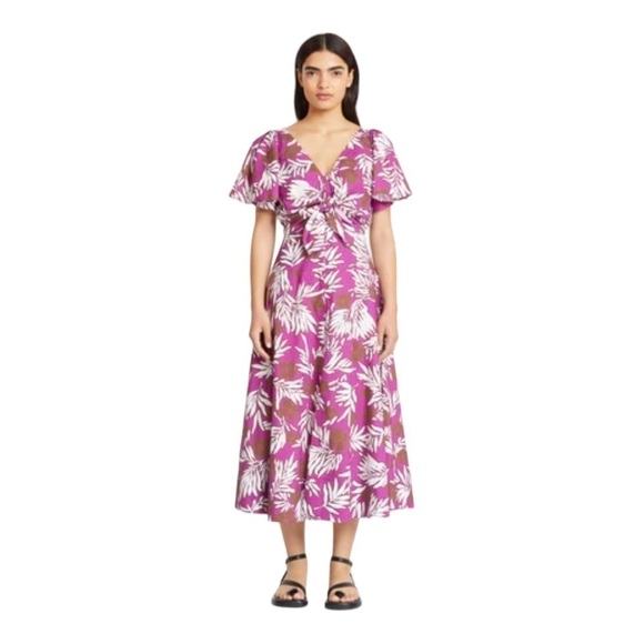 NWT TANYA TAYLOR Lonna Purple Tie Front Floral Poplin Midi Dress Size 20 Plus - Picture 2 of 16